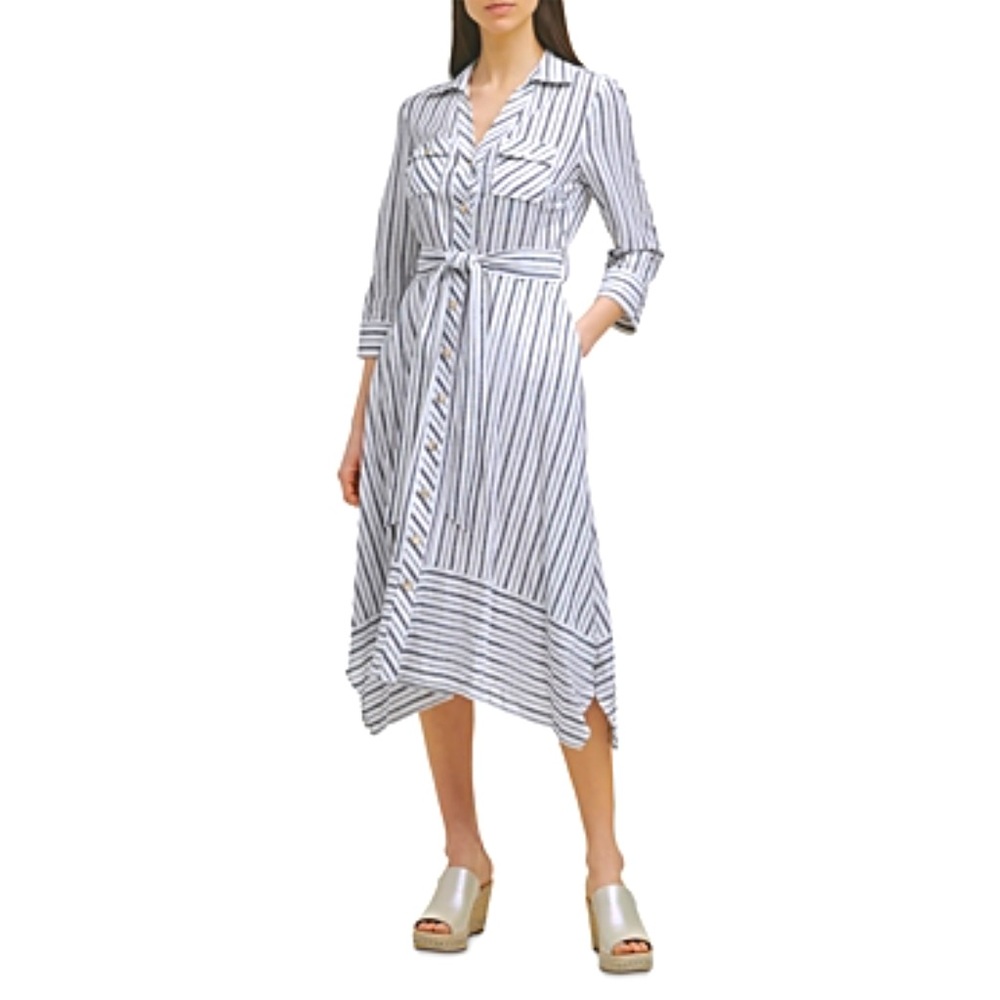 ❤️ Karl Lagerfeld Striped Asymmetric Shirt Dress In Soft White